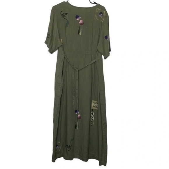 Vintage Play Alegre Hand Painted Green 100% Linen Dress Large (L) - Picture 3 of 7